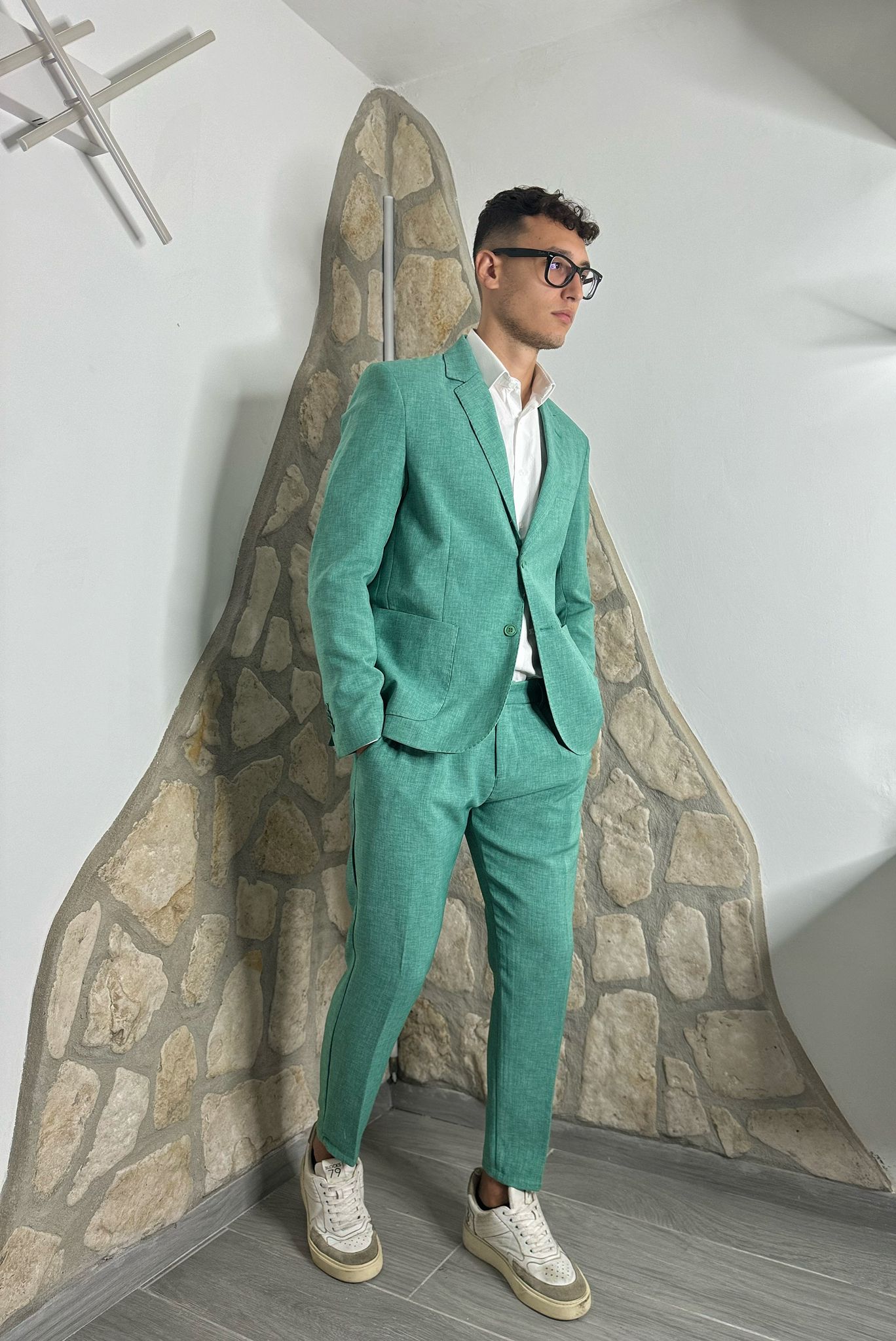 Abito monopetto verde tiffany punto milano sartoria italia